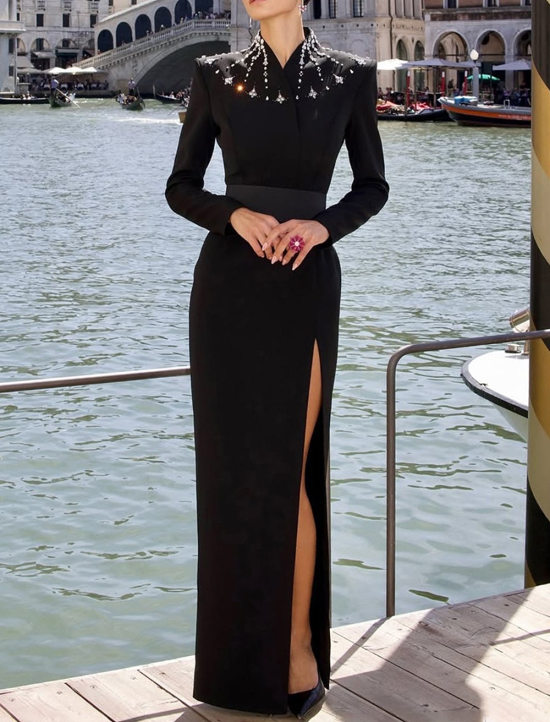 Rhinestone elegant long dress black autumn dress for women