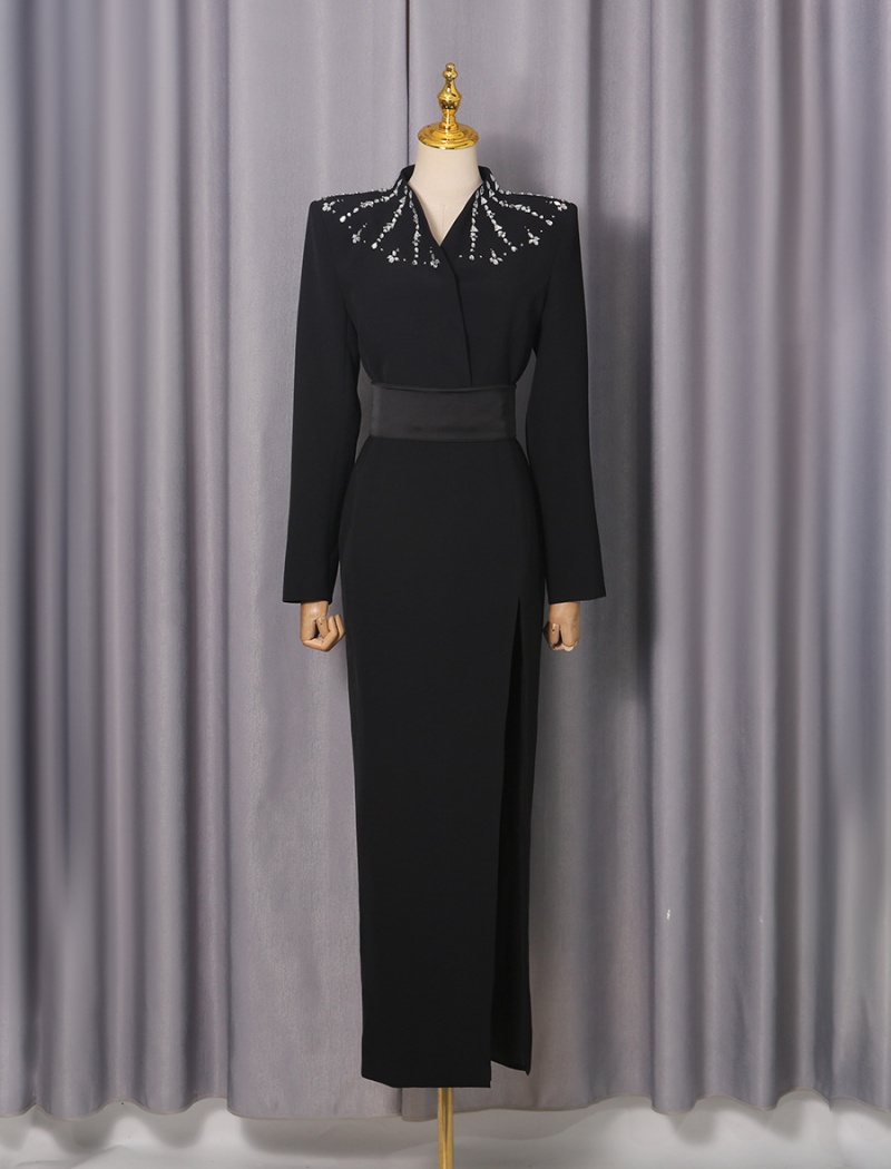 Rhinestone elegant long dress black autumn dress for women