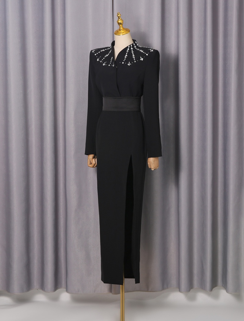 Rhinestone elegant long dress black autumn dress for women
