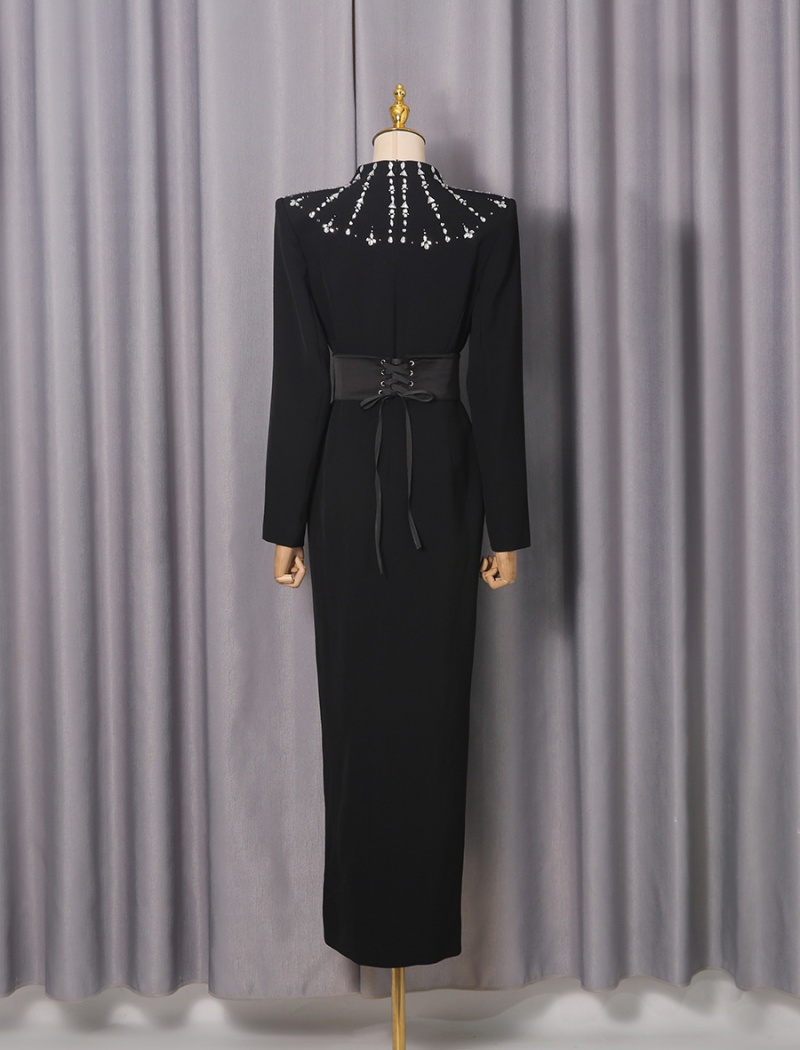 Rhinestone elegant long dress black autumn dress for women