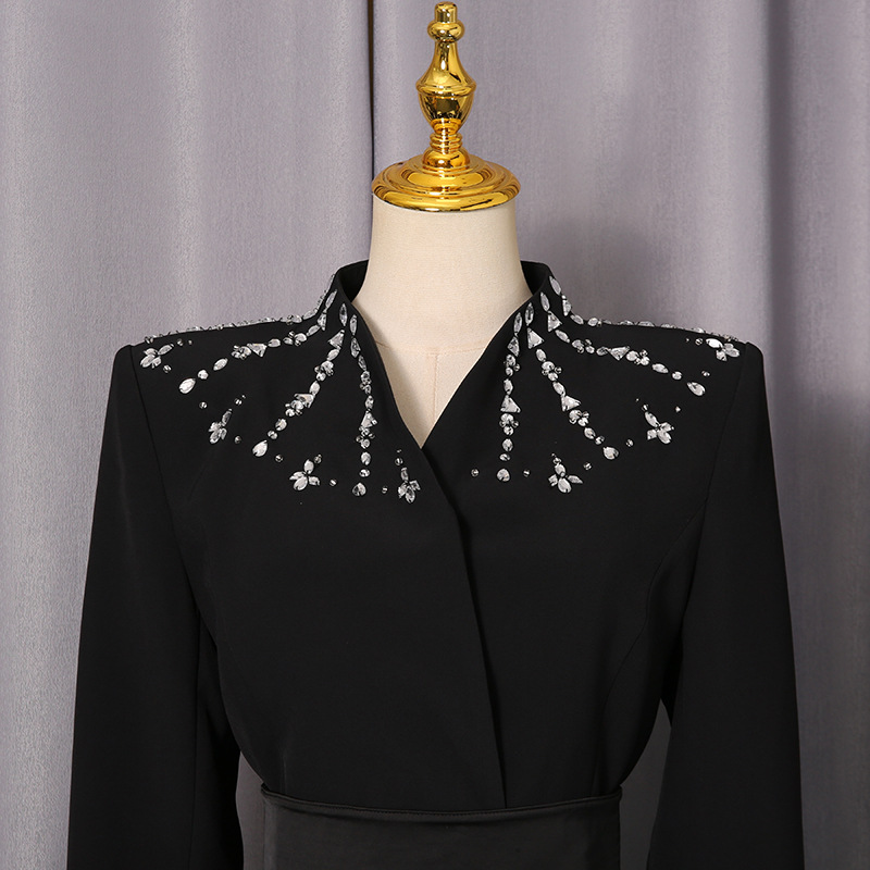 Rhinestone elegant long dress black autumn dress for women