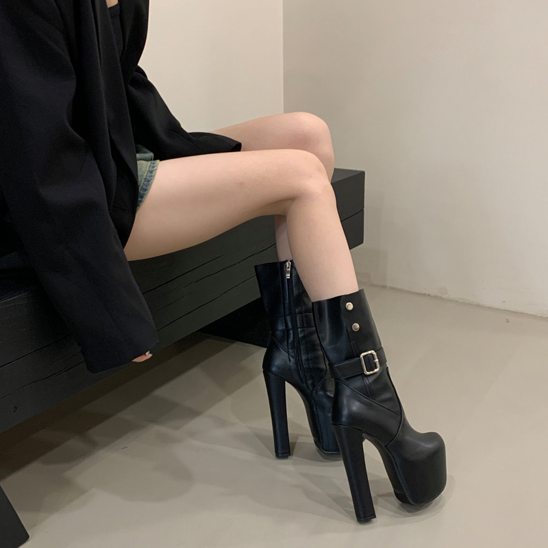 Autumn and winter belt buckle platform thick boots