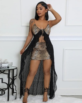 Sling leopard fashion lace sexy dress 2pcs set