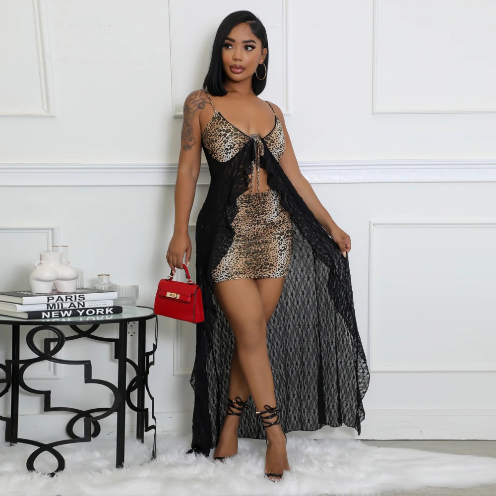 Sling leopard fashion lace sexy dress 2pcs set