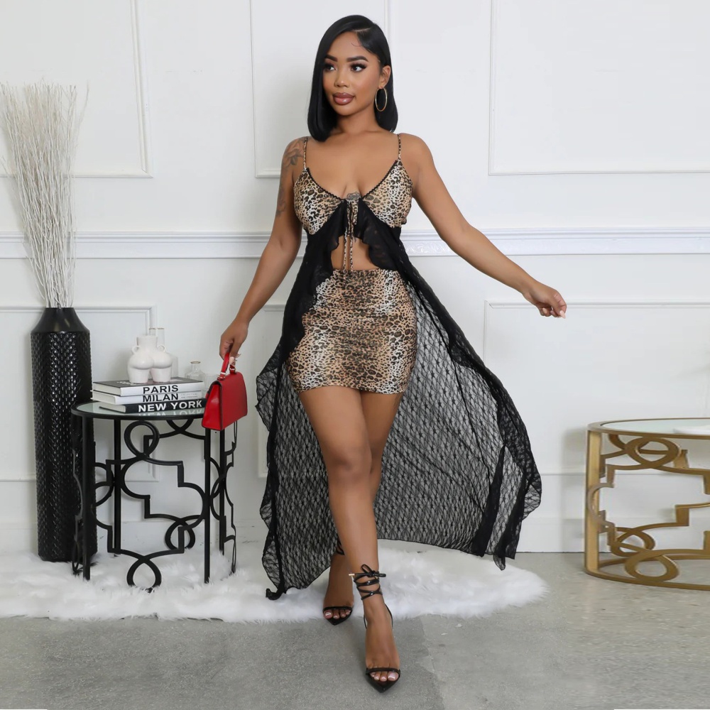 Sling leopard fashion lace sexy dress 2pcs set