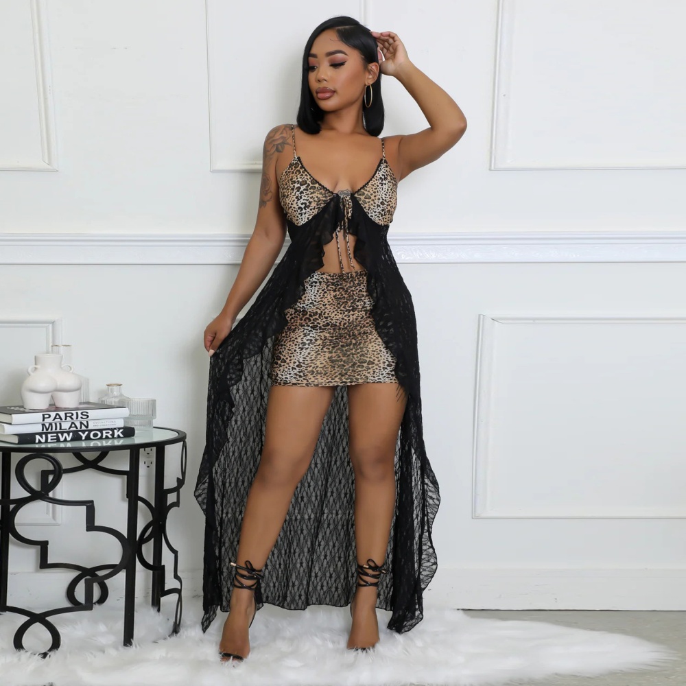 Sling leopard fashion lace sexy dress 2pcs set