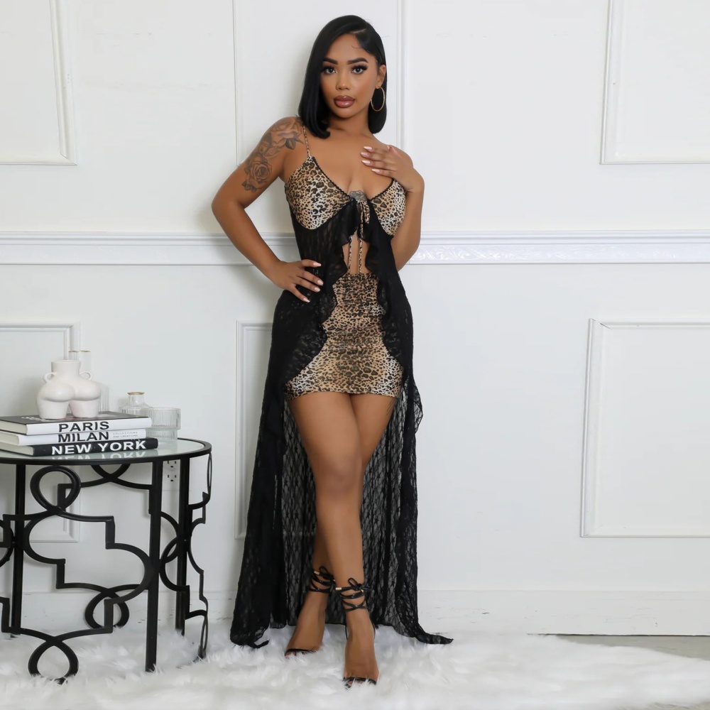 Sling leopard fashion lace sexy dress 2pcs set