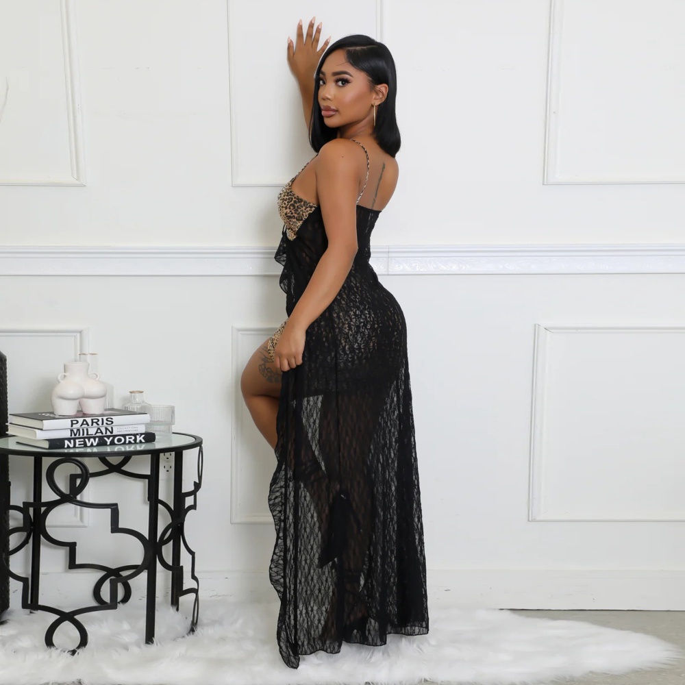Sling leopard fashion lace sexy dress 2pcs set