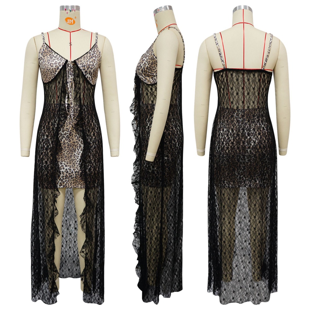 Sling leopard fashion lace sexy dress 2pcs set