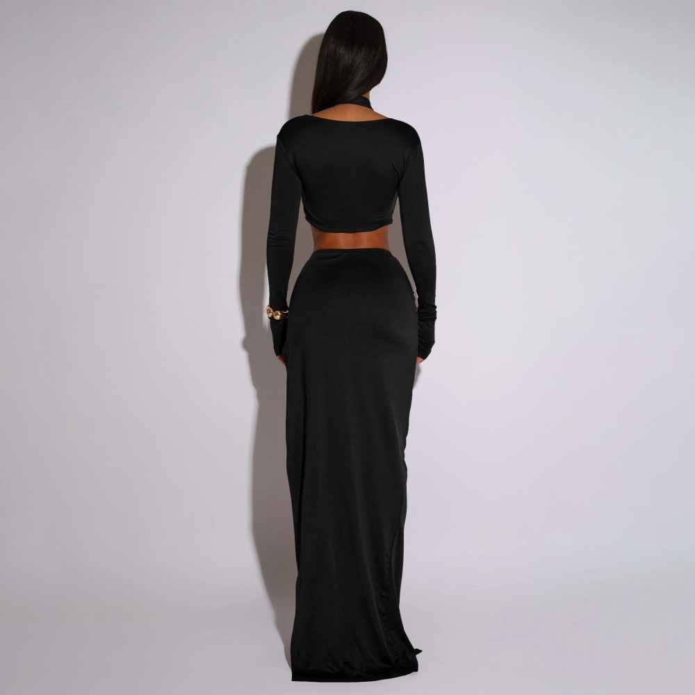 Split autumn European style halter sexy long sleeve dress