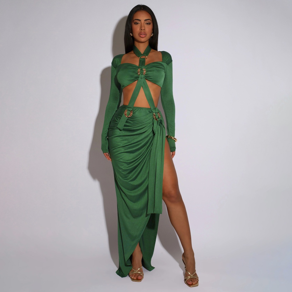 Split autumn European style halter sexy long sleeve dress