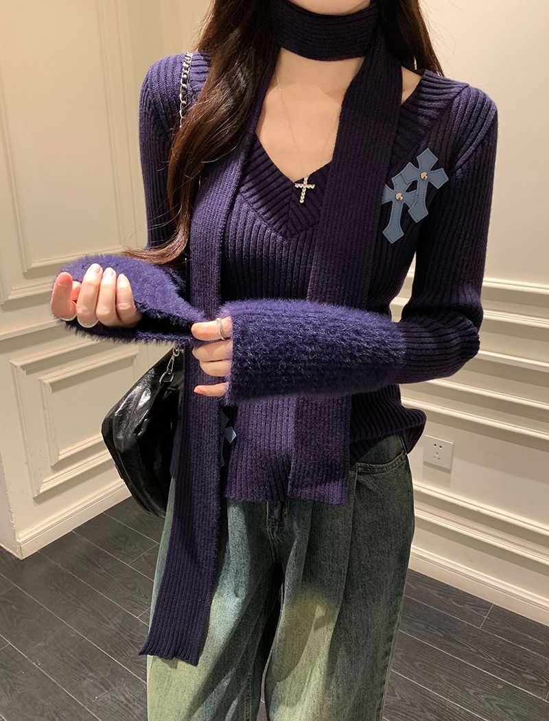V-neck sweater stereoscopic decoration tops for women