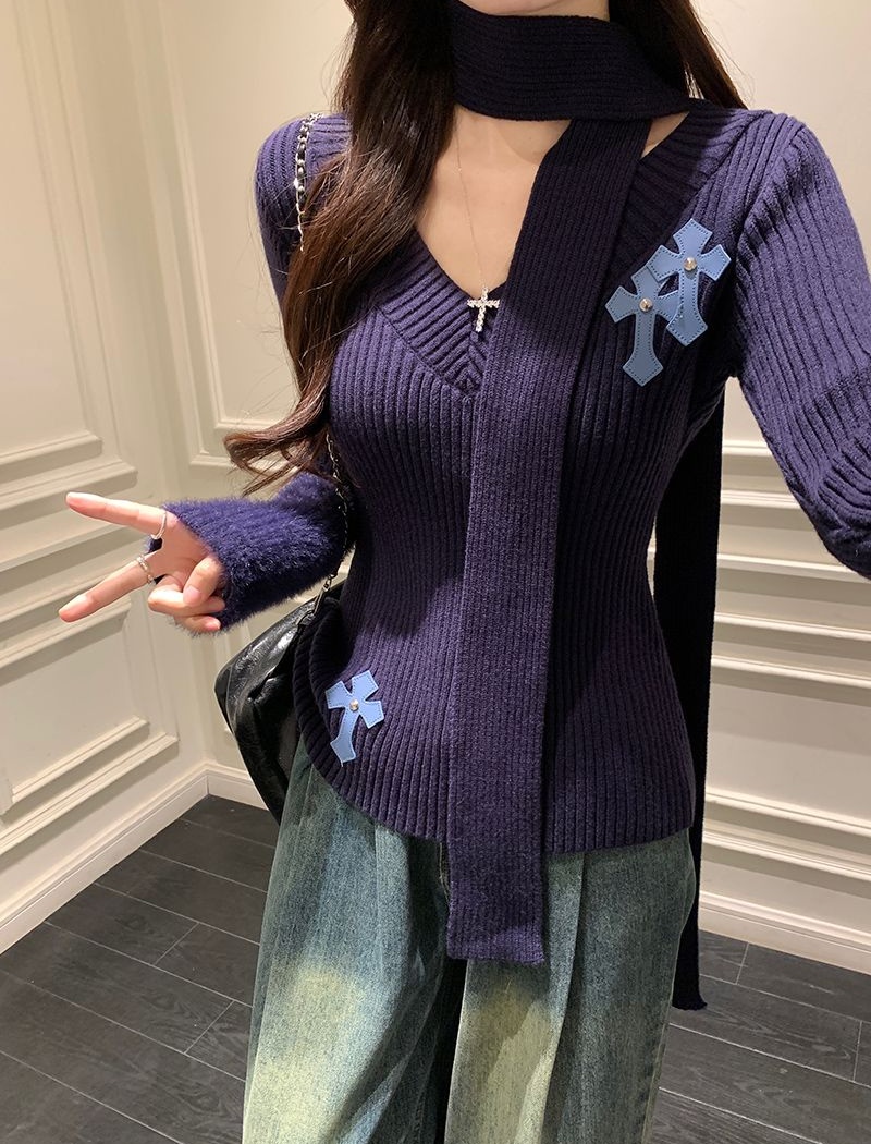 V-neck sweater stereoscopic decoration tops for women
