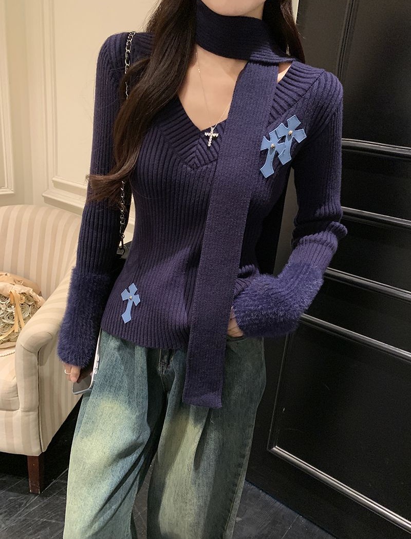 V-neck sweater stereoscopic decoration tops for women