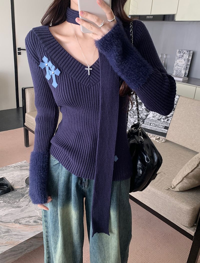 V-neck sweater stereoscopic decoration tops for women