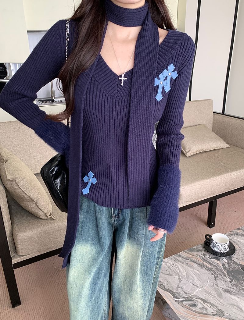 V-neck sweater stereoscopic decoration tops for women