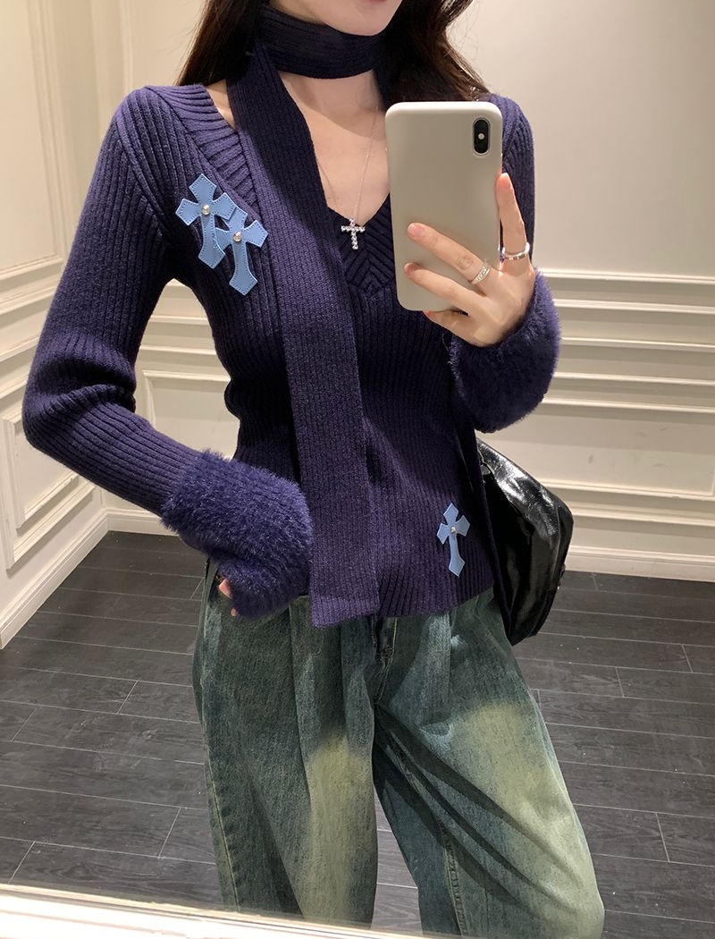 V-neck sweater stereoscopic decoration tops for women