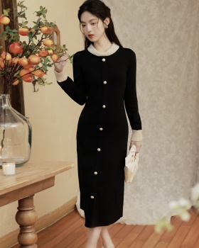 Black retro dress spring and autumn knitted long dress
