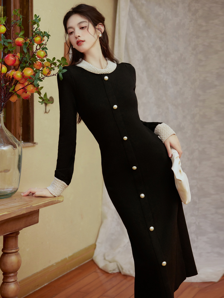 Black retro dress spring and autumn knitted long dress