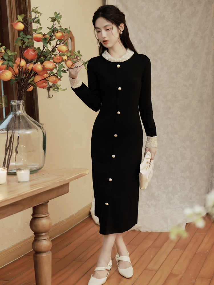 Black retro dress spring and autumn knitted long dress