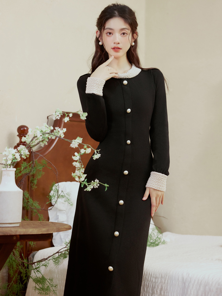 Black retro dress spring and autumn knitted long dress