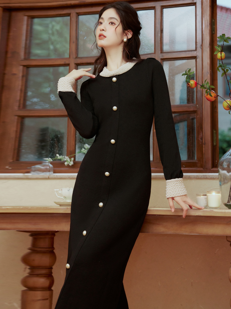 Black retro dress spring and autumn knitted long dress
