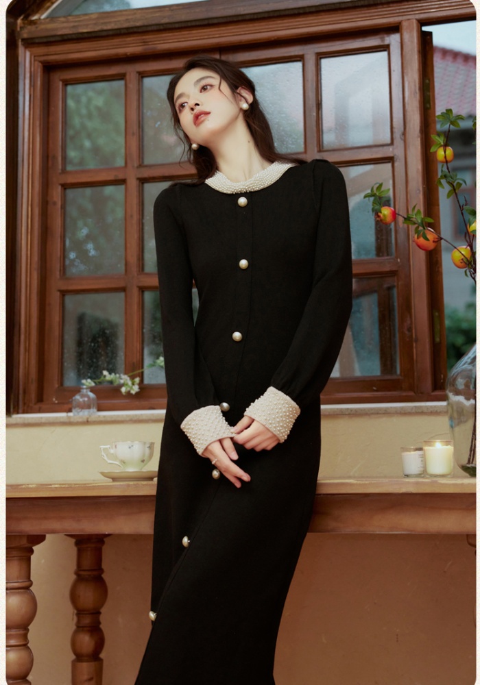 Black retro dress spring and autumn knitted long dress