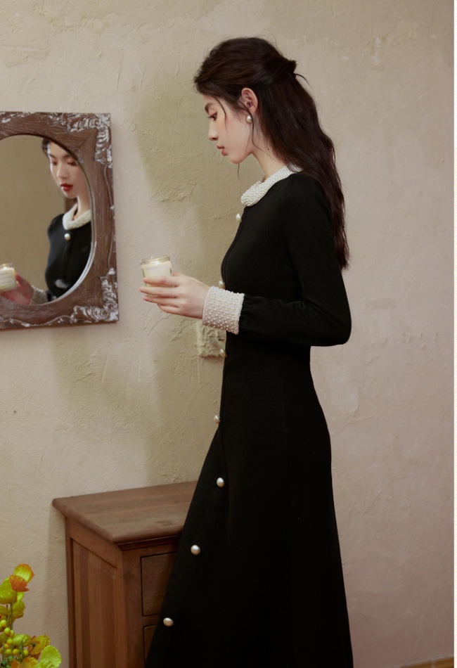 Black retro dress spring and autumn knitted long dress