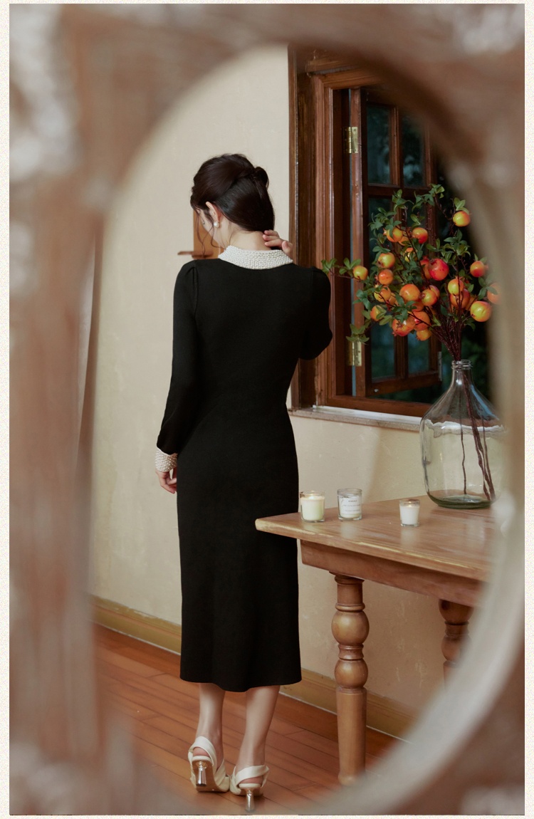 Black retro dress spring and autumn knitted long dress
