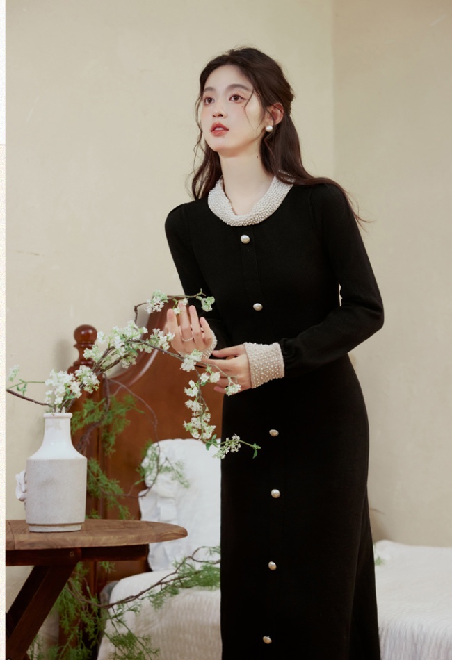 Black retro dress spring and autumn knitted long dress