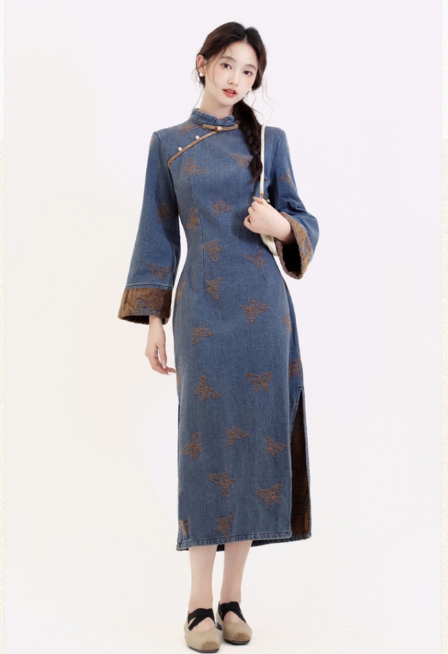 Autumn and winter embroidery dress retro cheongsam for women
