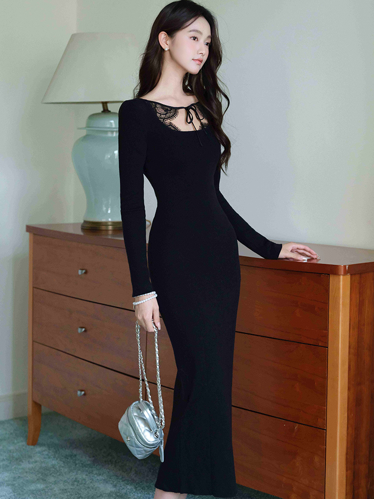 Package hip slim knitted black temperament dress