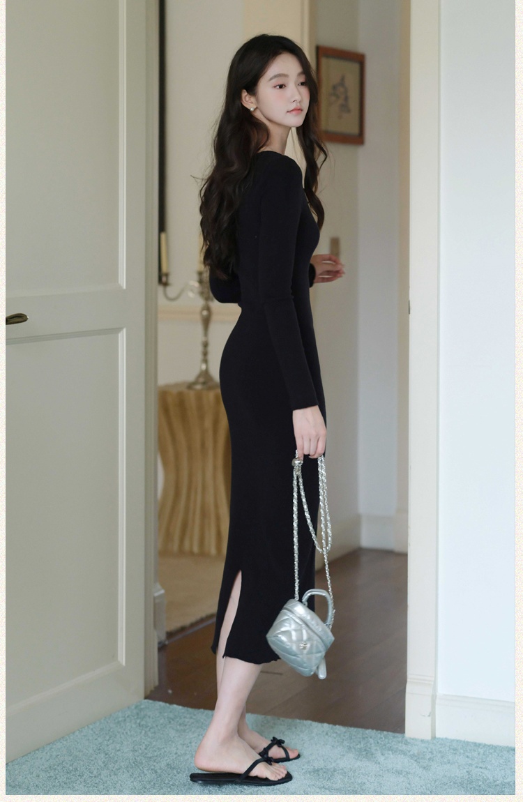 Package hip slim knitted black temperament dress