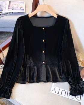 France style pinched waist velvet slim black tops