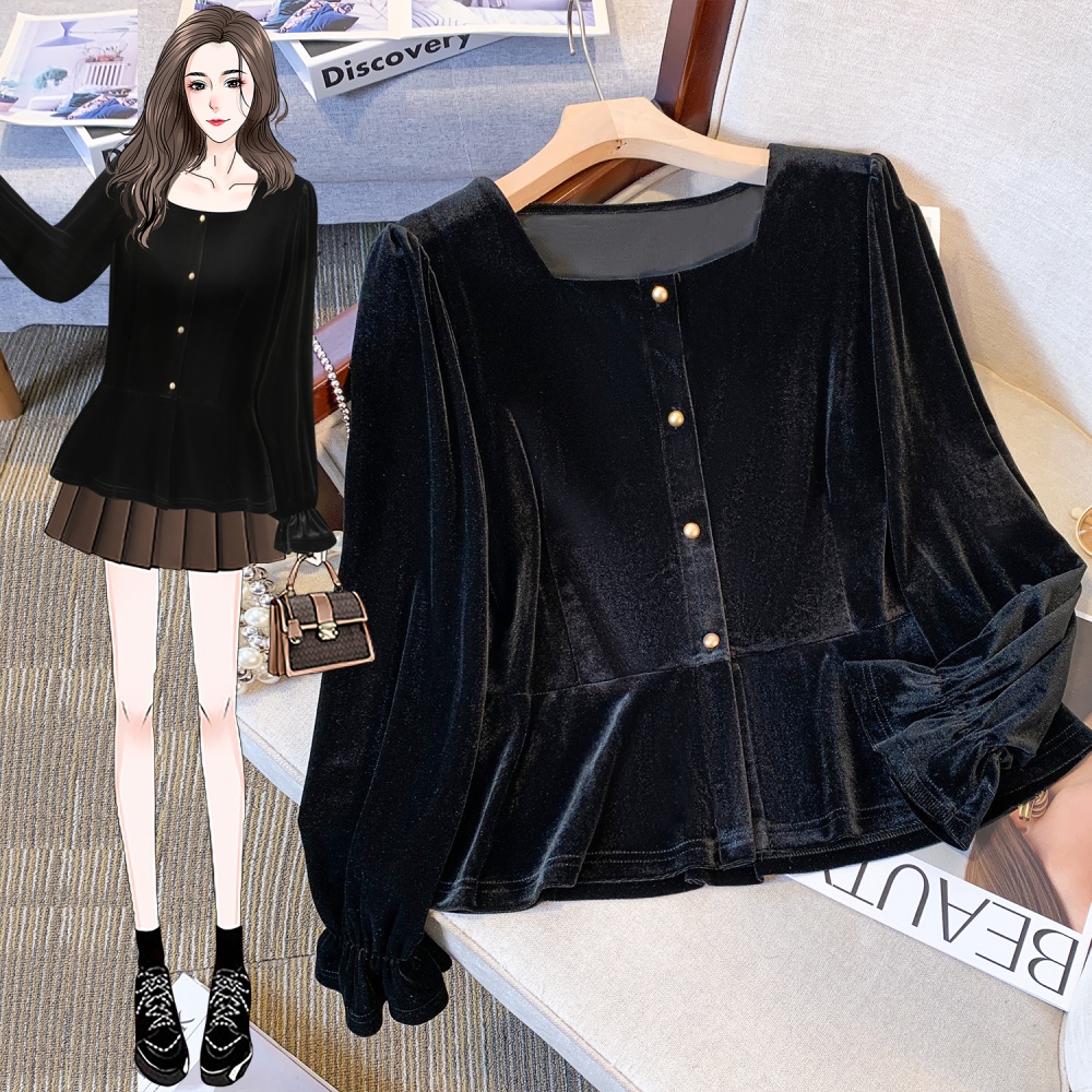 France style pinched waist velvet slim black tops