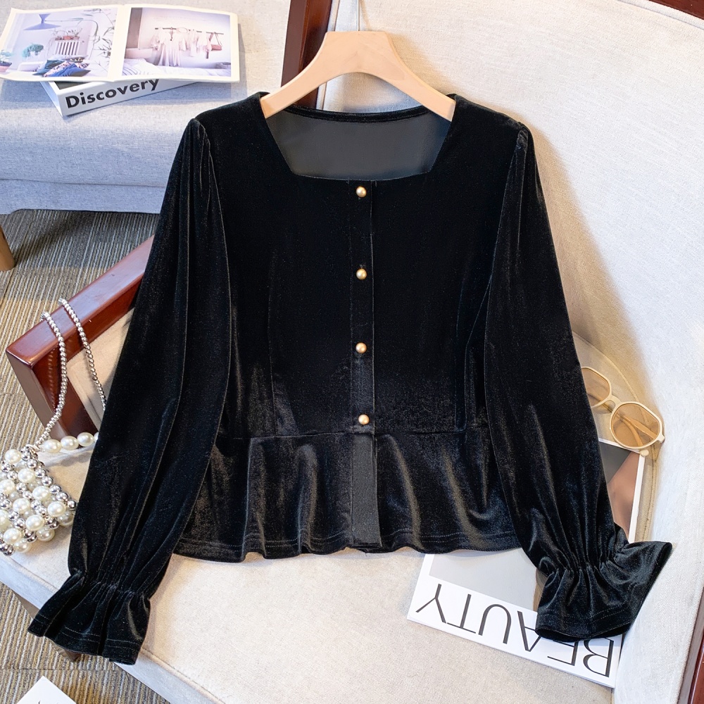 France style pinched waist velvet slim black tops