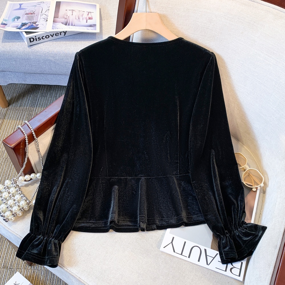 France style pinched waist velvet slim black tops