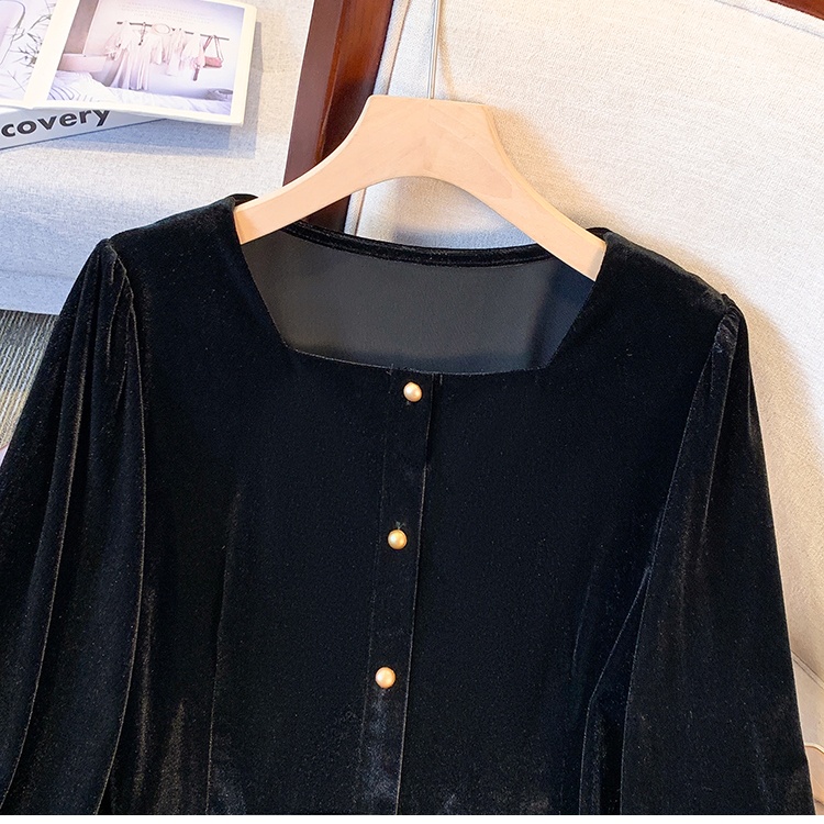 France style pinched waist velvet slim black tops
