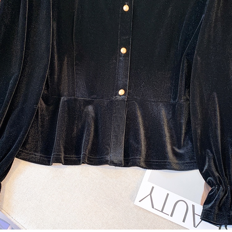 France style pinched waist velvet slim black tops