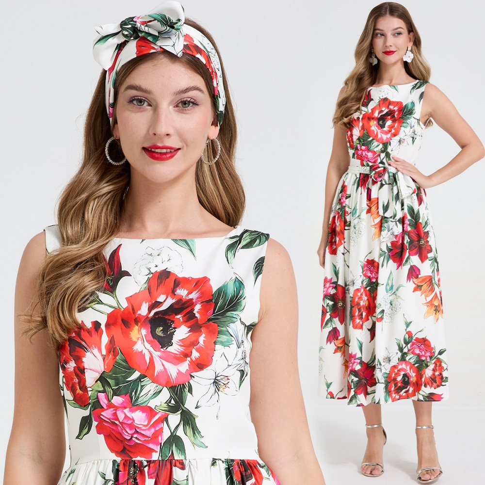 Pinched waist big skirt France style bow flowers dress