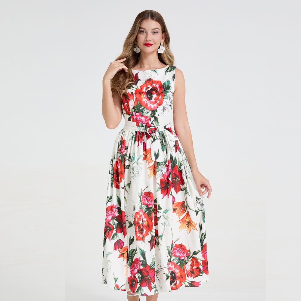 Pinched waist big skirt France style bow flowers dress
