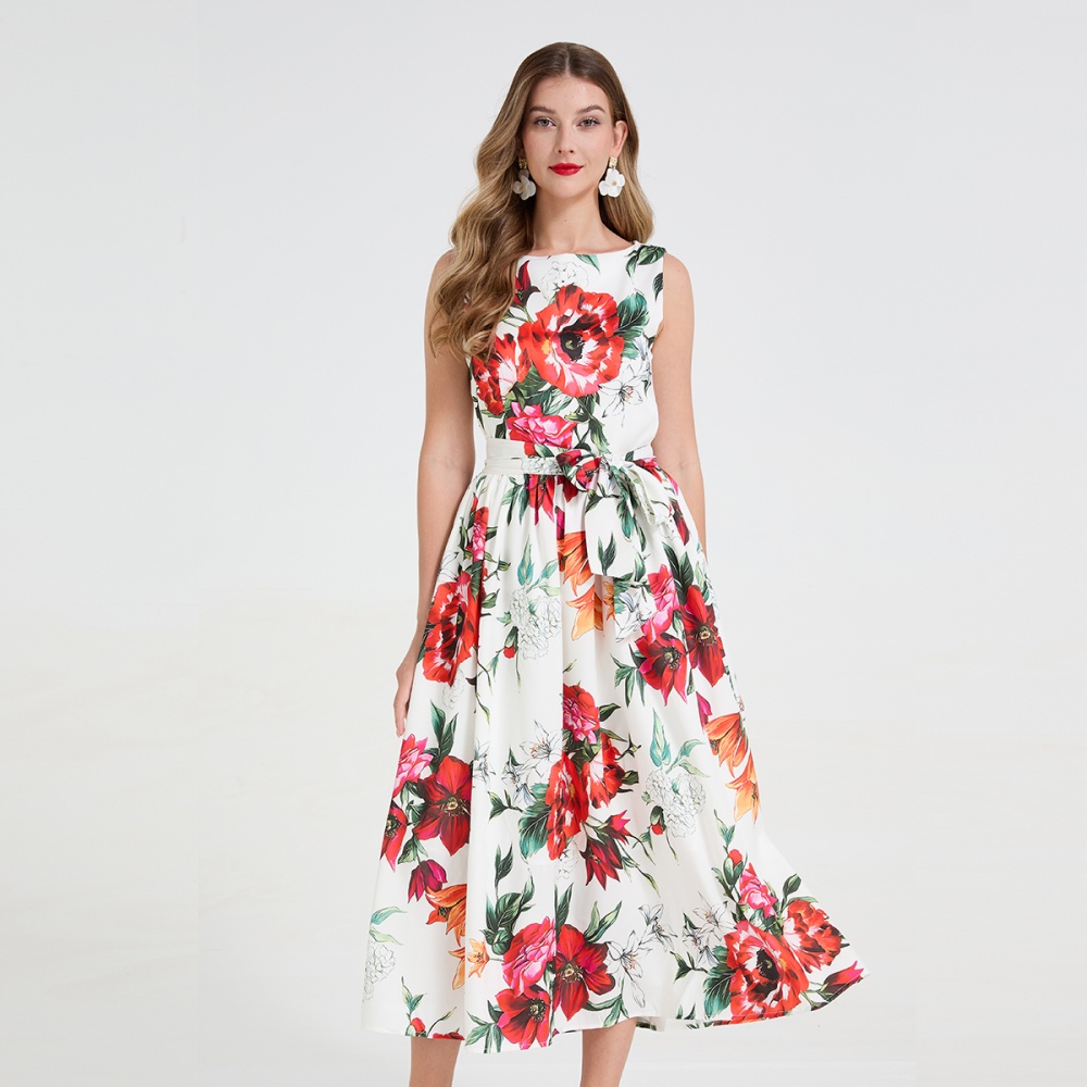 Pinched waist big skirt France style bow flowers dress