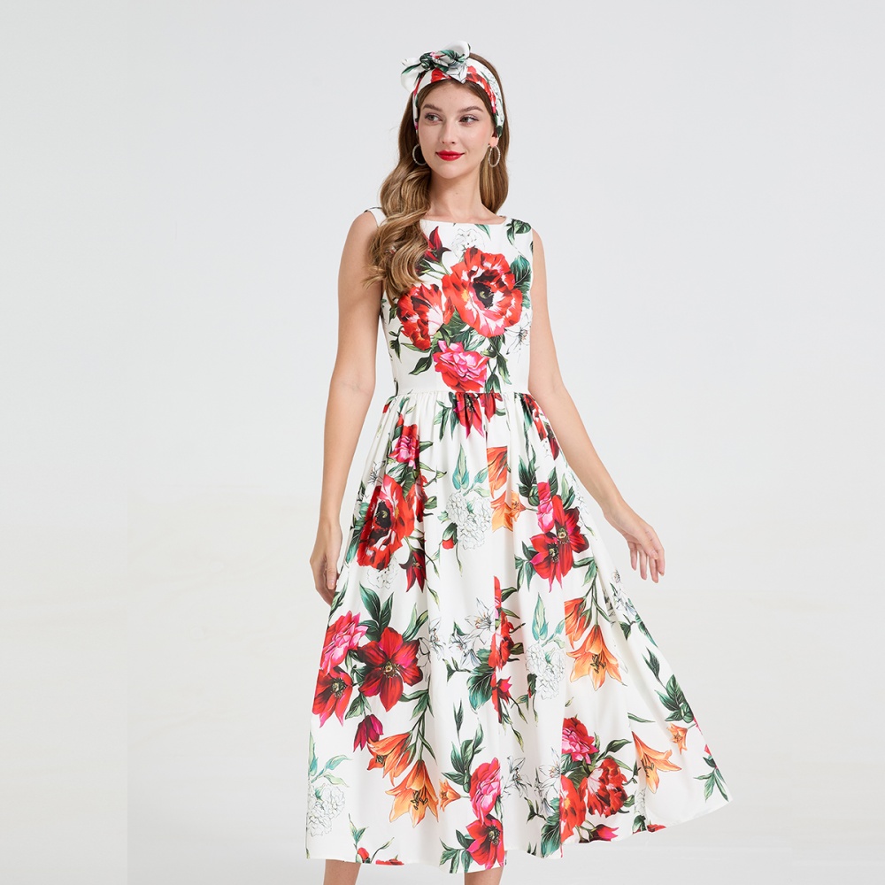 Pinched waist big skirt France style bow flowers dress