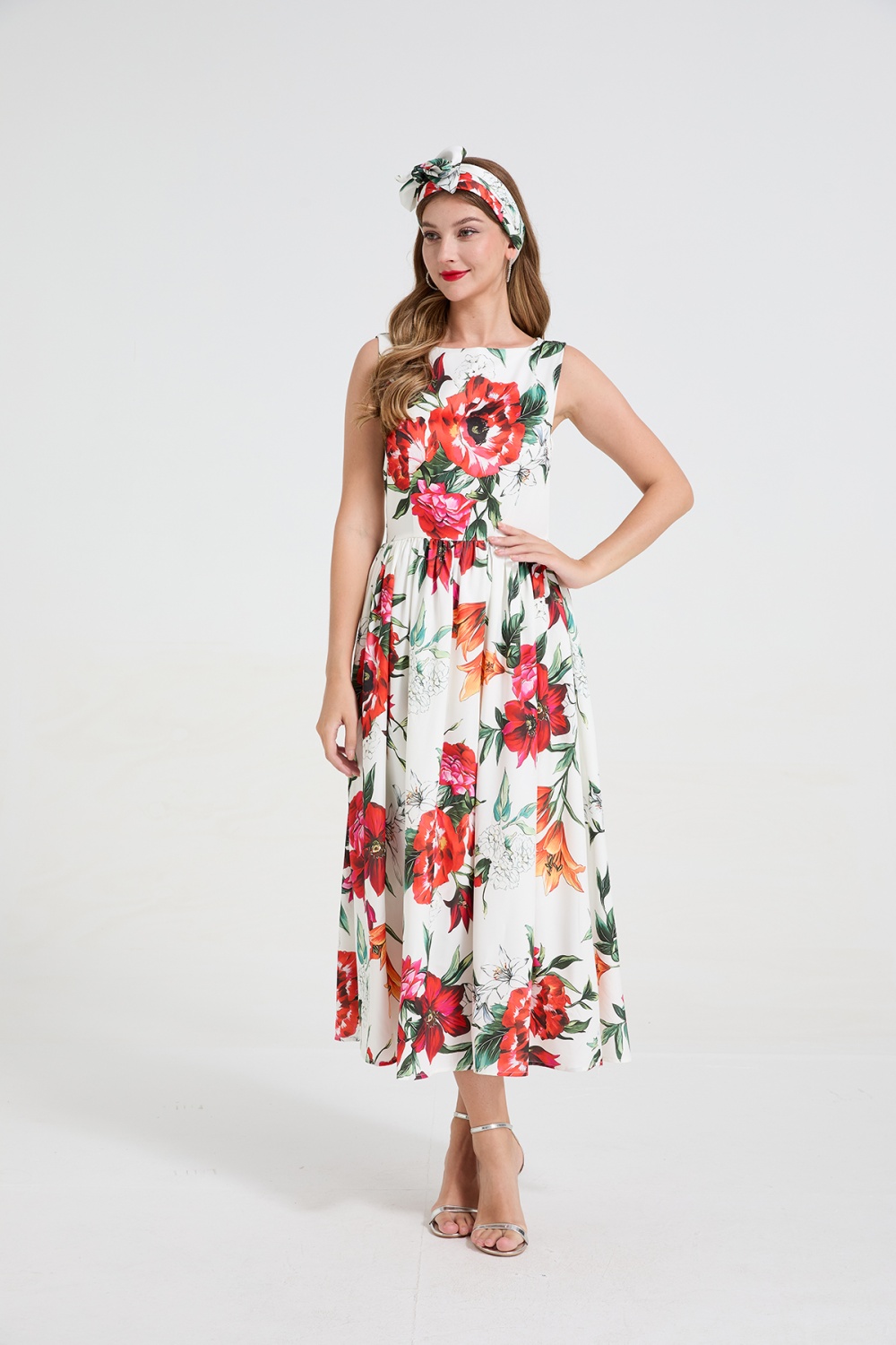 Pinched waist big skirt France style bow flowers dress