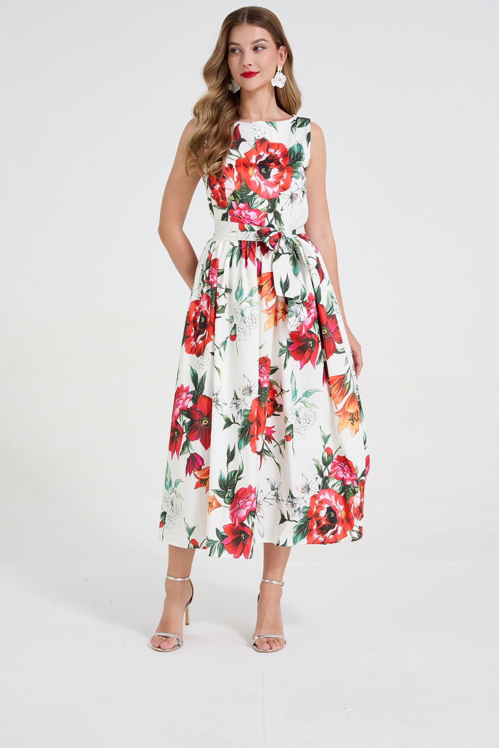 Pinched waist big skirt France style bow flowers dress