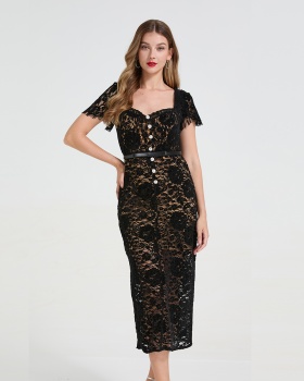 Diamond square collar lace stereoscopic dress