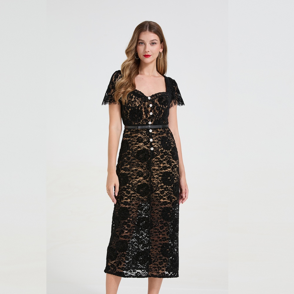 Diamond square collar lace stereoscopic dress