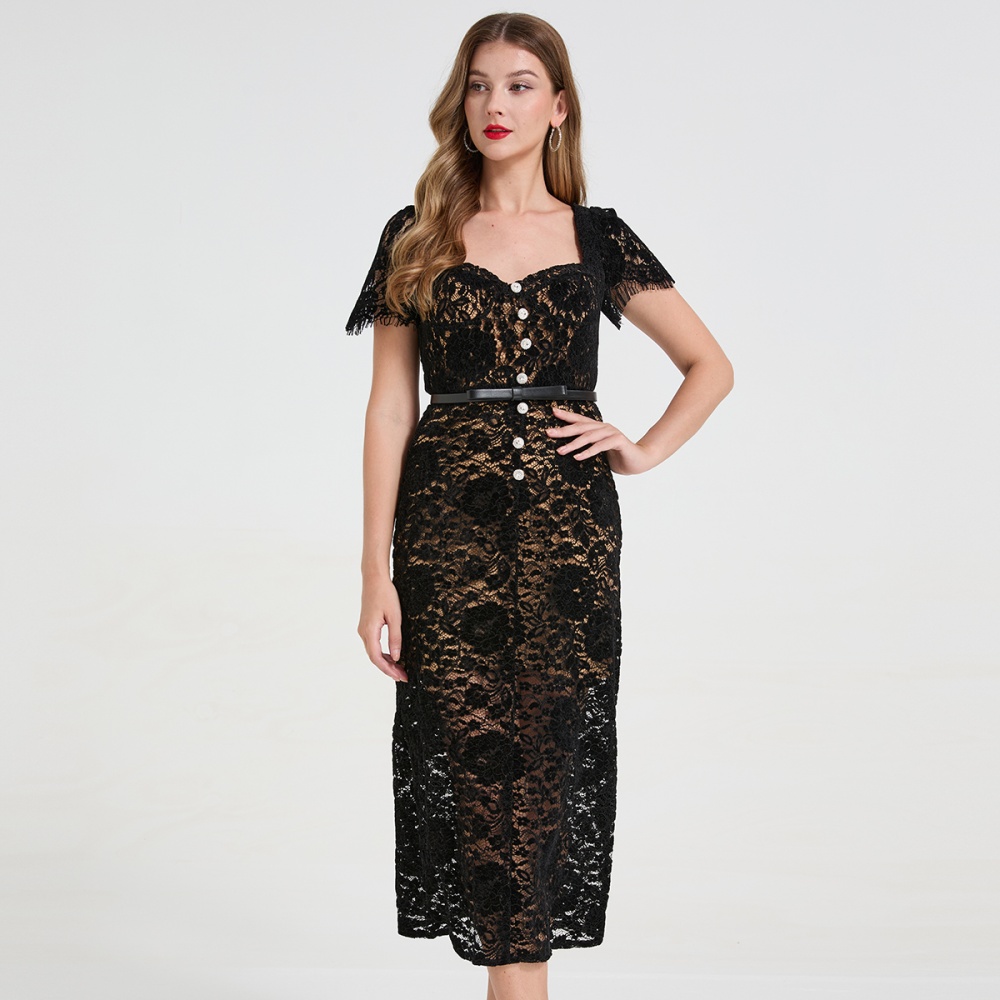Diamond square collar lace stereoscopic dress