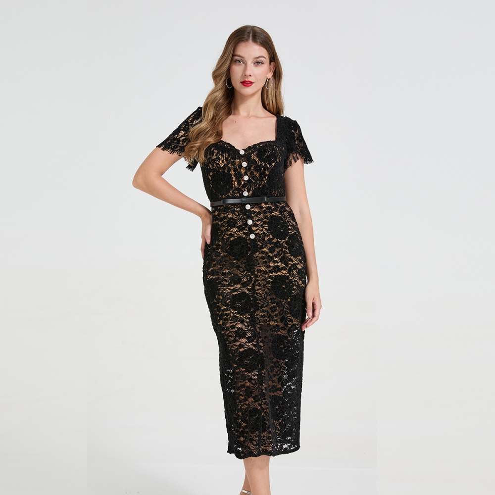 Diamond square collar lace stereoscopic dress