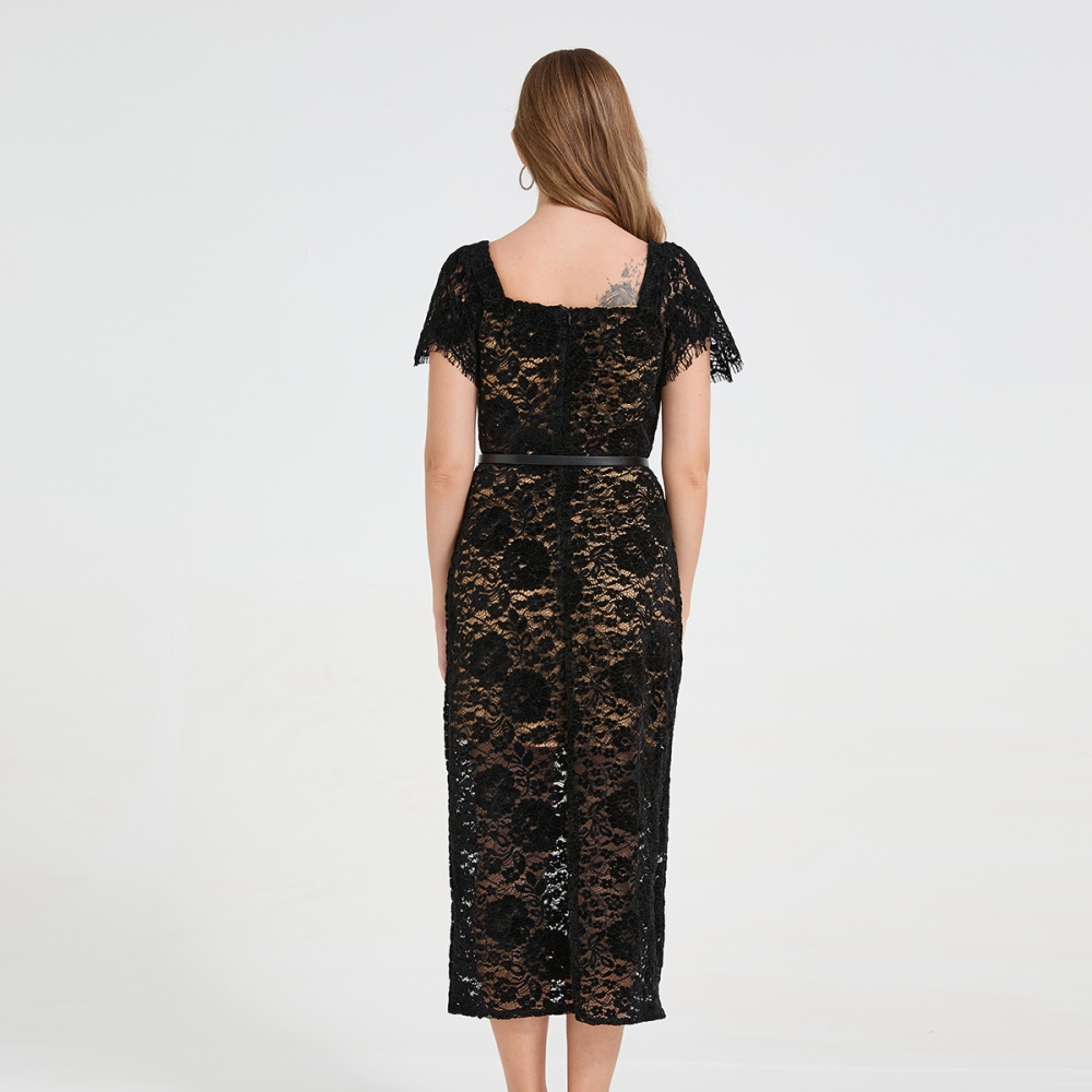 Diamond square collar lace stereoscopic dress